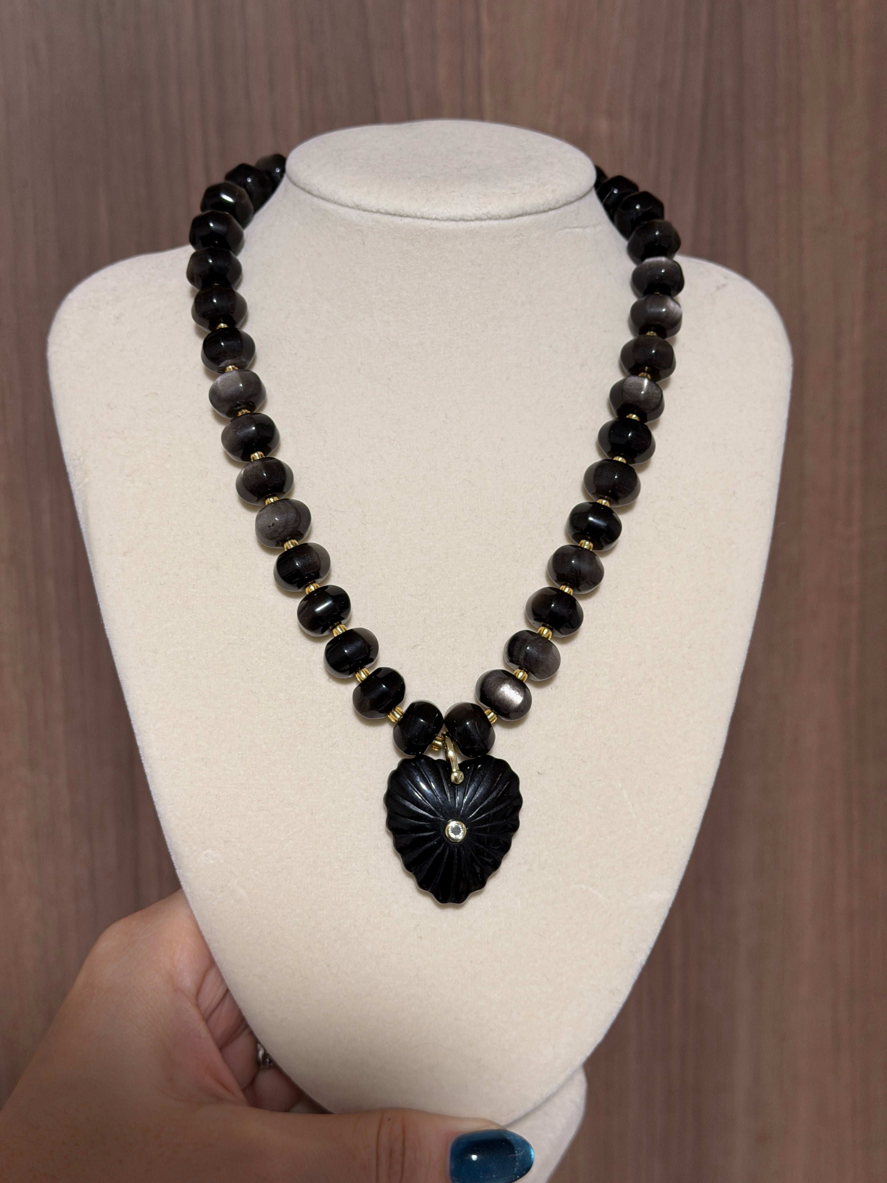 Silver Obsidian Pumpkin-Shaped Necklace