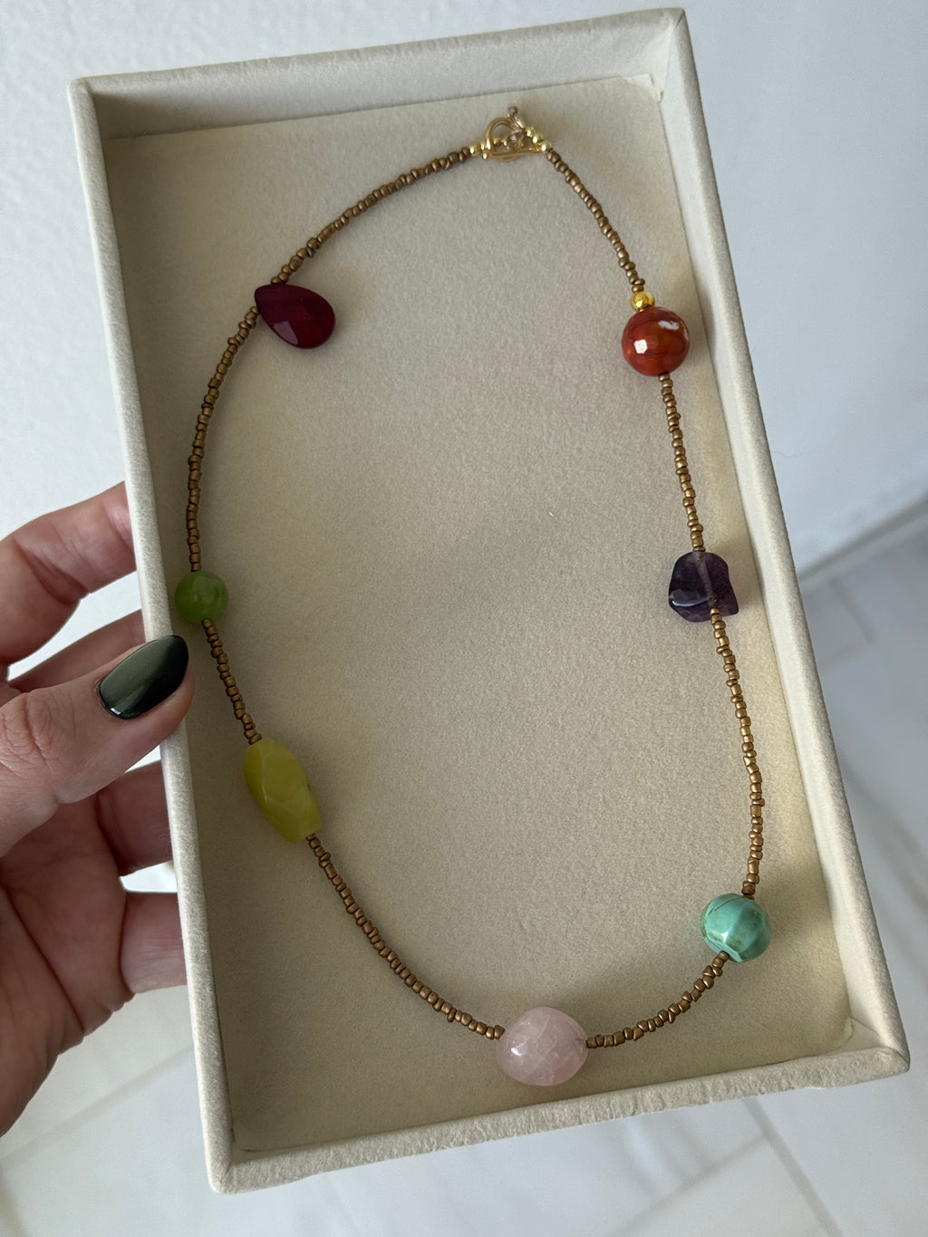  Multi Gem Drop Asymetrical Necklace