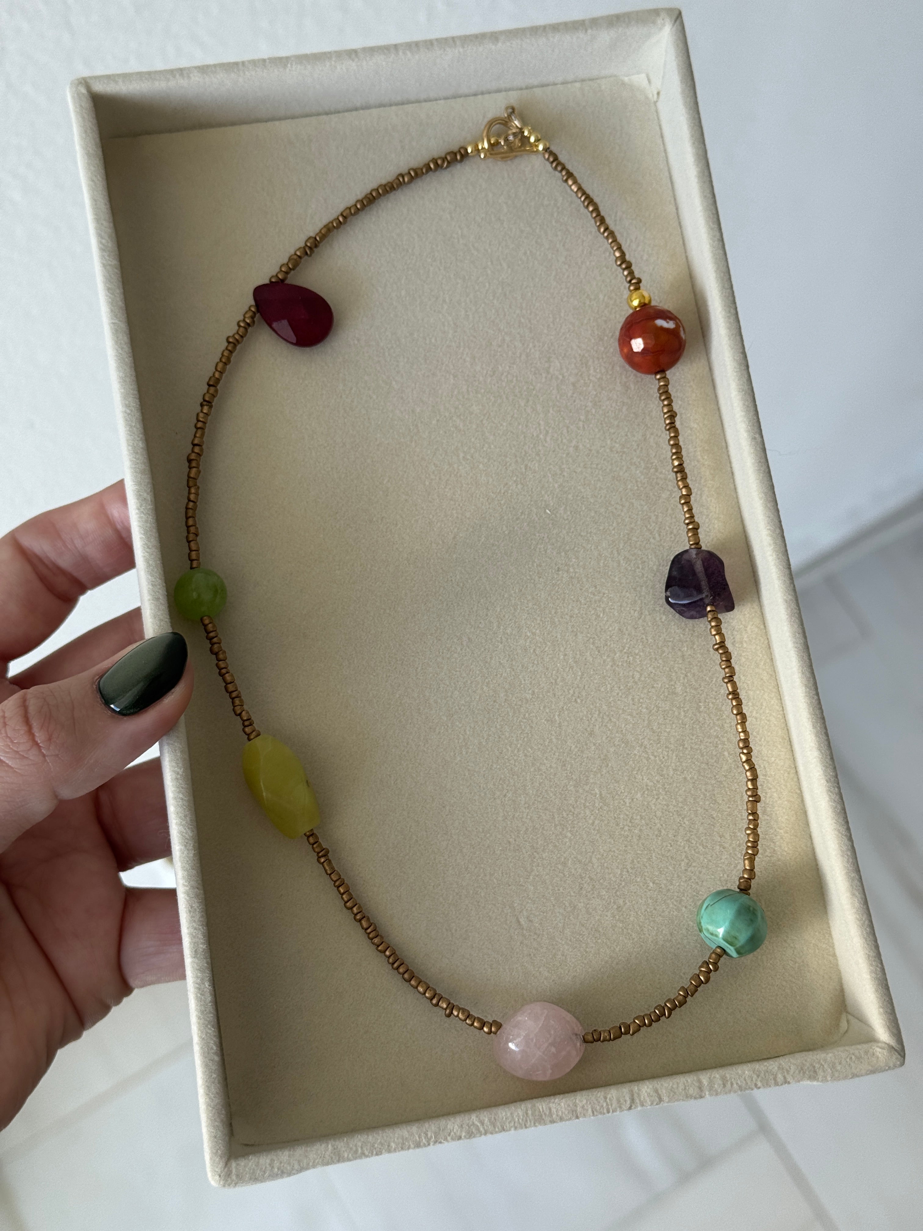  Multi Gem Drop Asymetrical Necklace