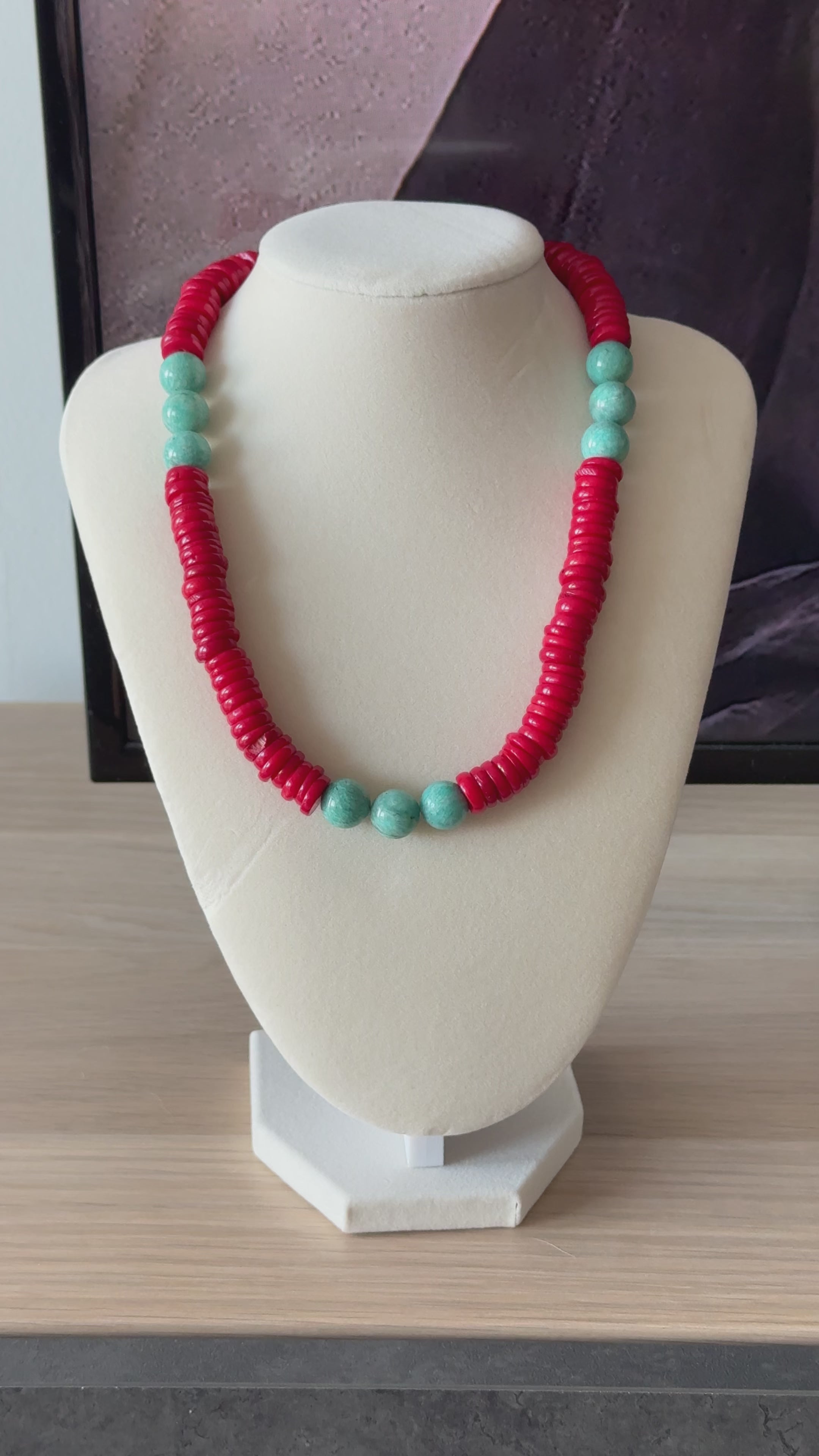 Red Coral Coin and Amazonite Statement Necklace
