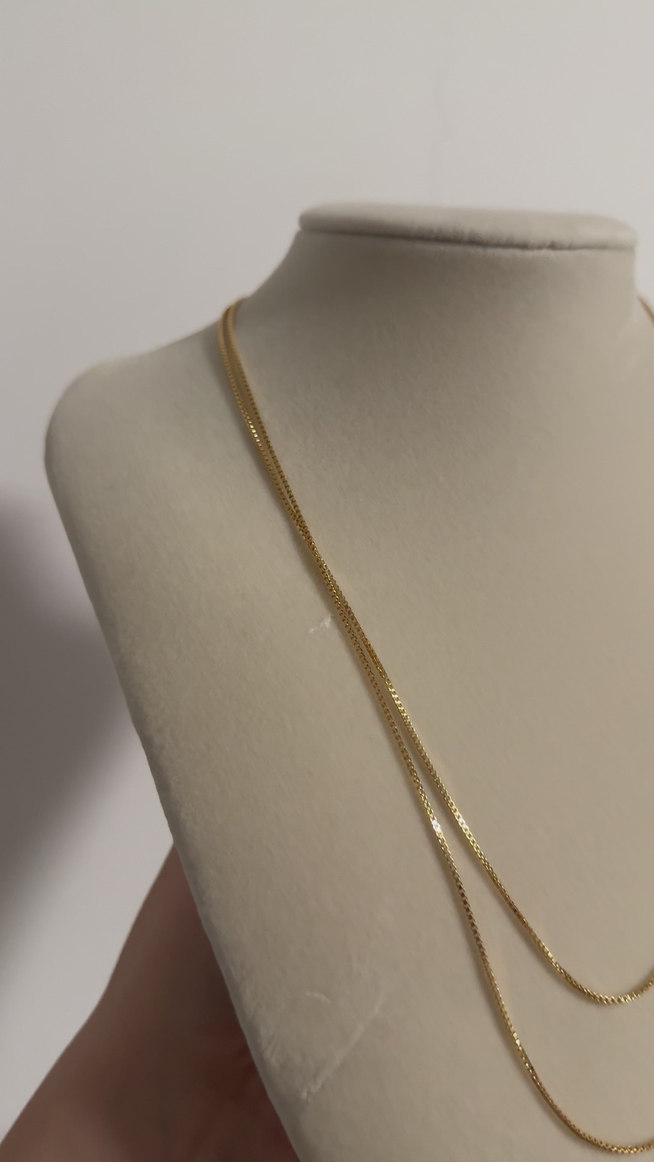 Shorter: 18 inch long, 18k gold filled chain necklace.