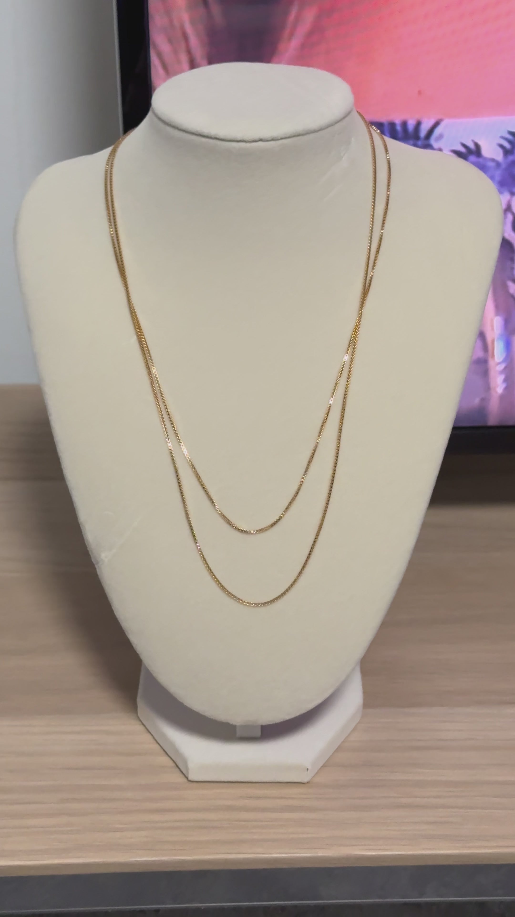 Shorter: 18 inch long, 18k gold filled chain necklace.